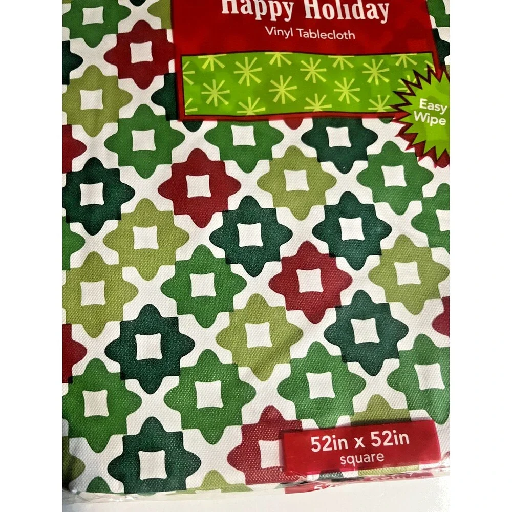 Christmas Red Green White Vinyl Tablecloth Flannel Backed Holiday Square 52x52